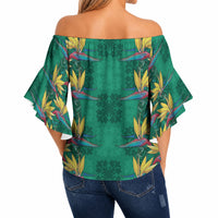 Hawaii Waikiki King Off Shoulder Wrap Waist Top Green Quilt With Pua Manu