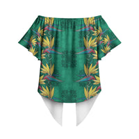 Hawaii Waikiki King Off Shoulder Wrap Waist Top Green Quilt With Pua Manu
