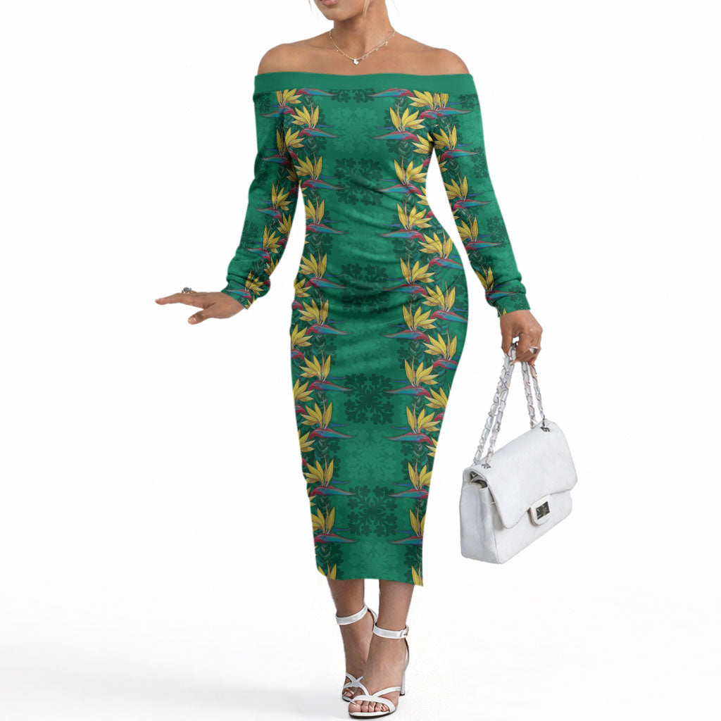 Hawaii Waikiki King Off The Shoulder Long Sleeve Dress Green Quilt With Pua Manu