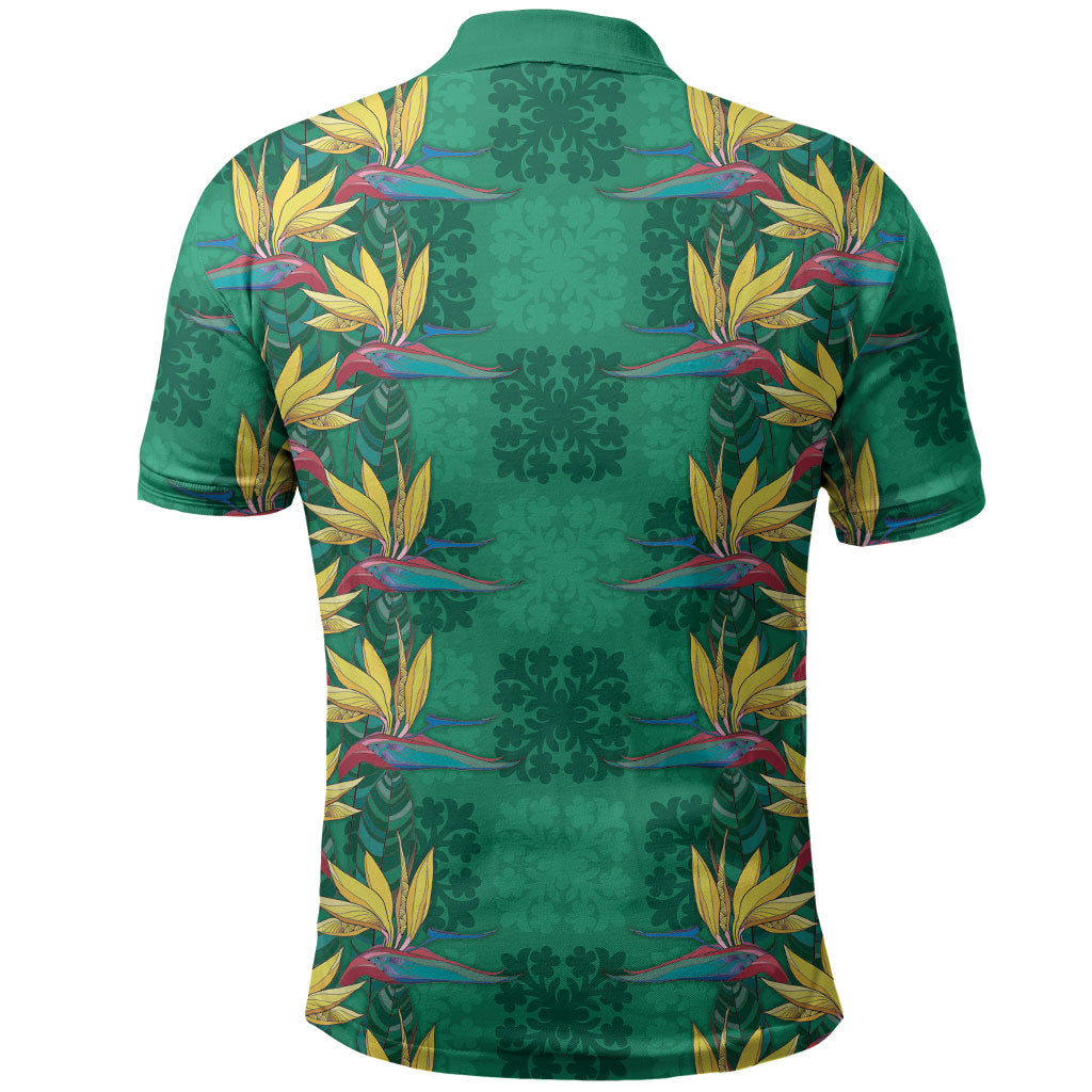 Hawaii Waikiki King Polo Shirt Green Quilt With Pua Manu