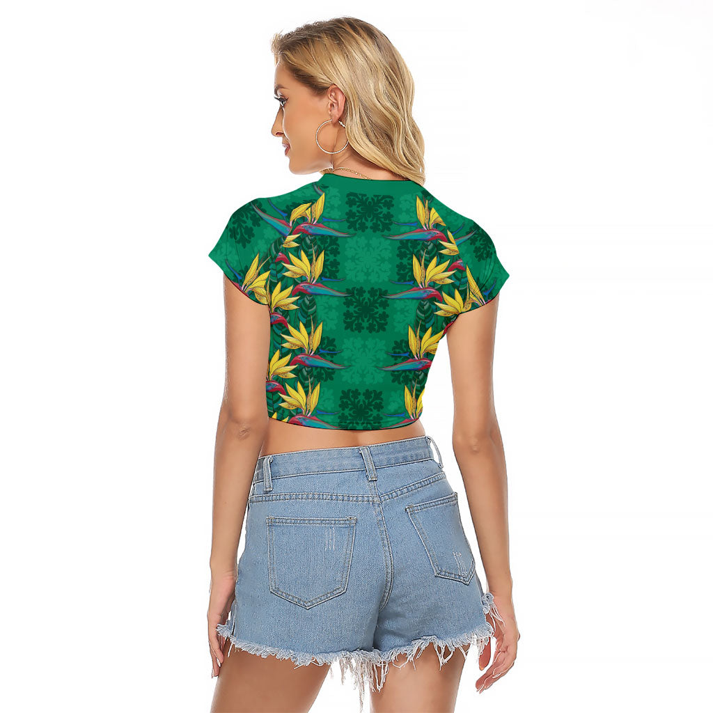 Hawaii Waikiki King Raglan Cropped T Shirt Green Quilt With Pua Manu