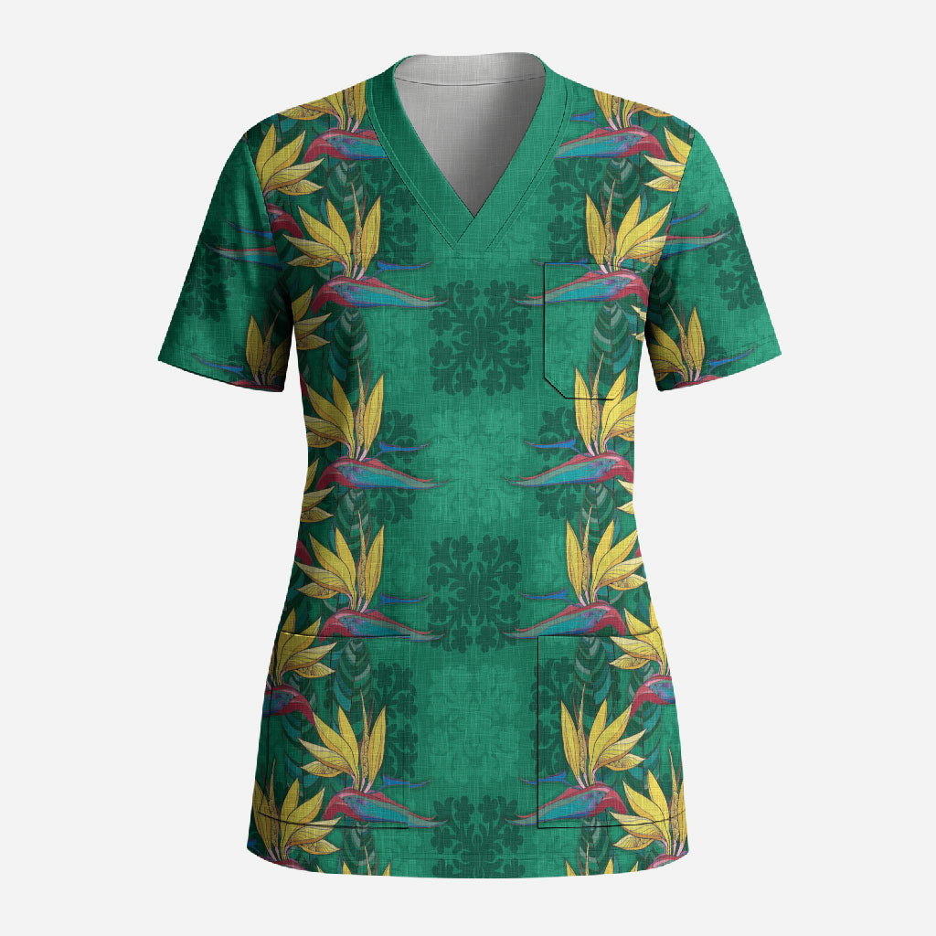Hawaii Waikiki King Scrub Top Green Quilt With Pua Manu