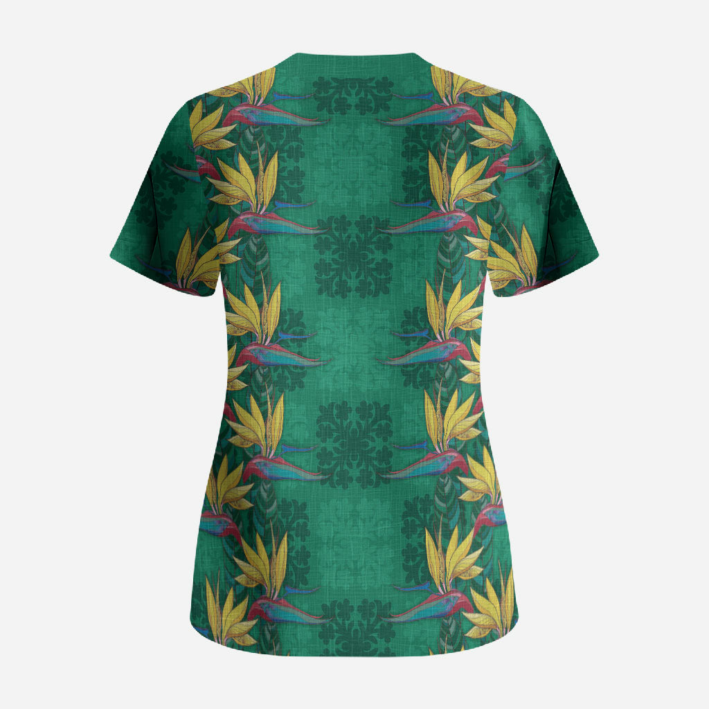 Hawaii Waikiki King Scrub Top Green Quilt With Pua Manu
