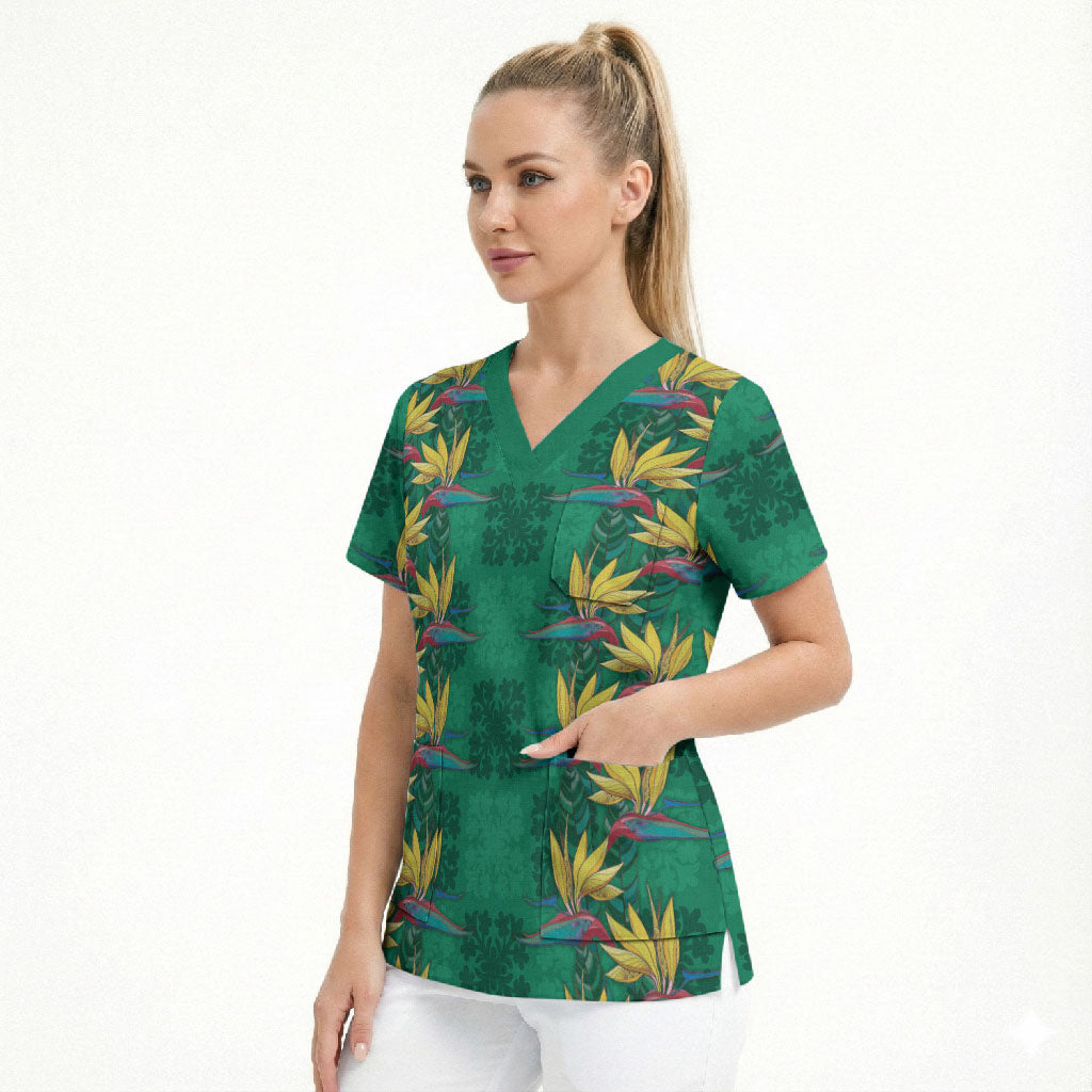 Hawaii Waikiki King Scrub Top Green Quilt With Pua Manu