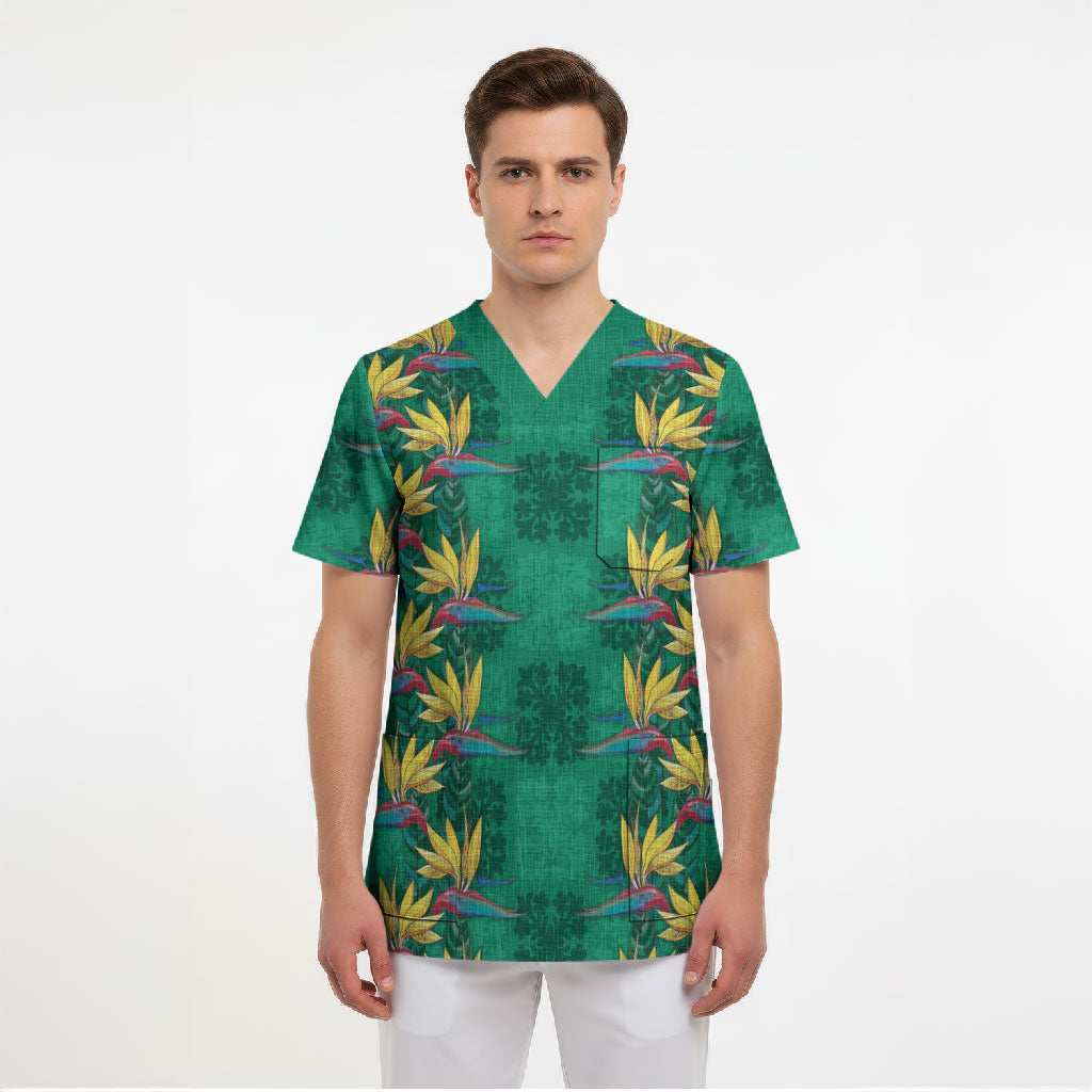 Hawaii Waikiki King Scrub Top Green Quilt With Pua Manu