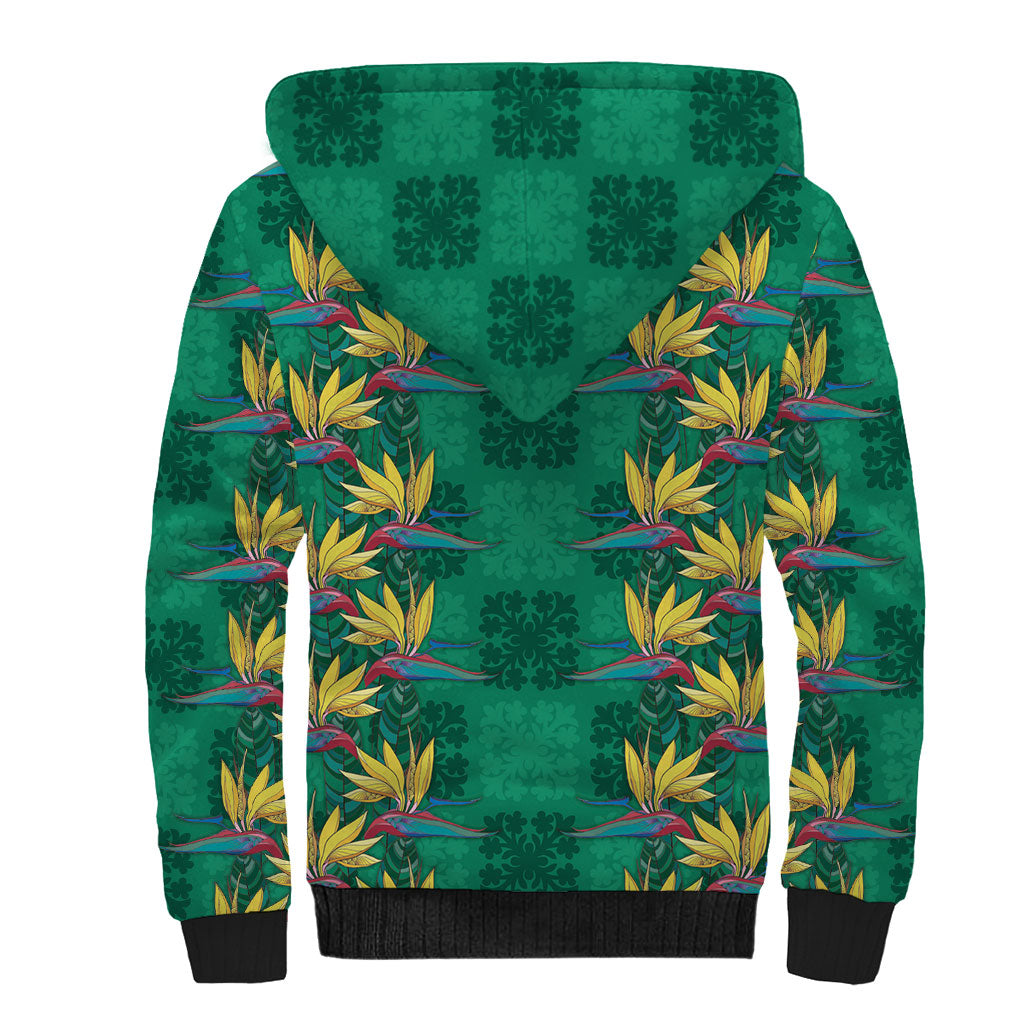 Hawaii Waikiki King Sherpa Hoodie Green Quilt With Pua Manu