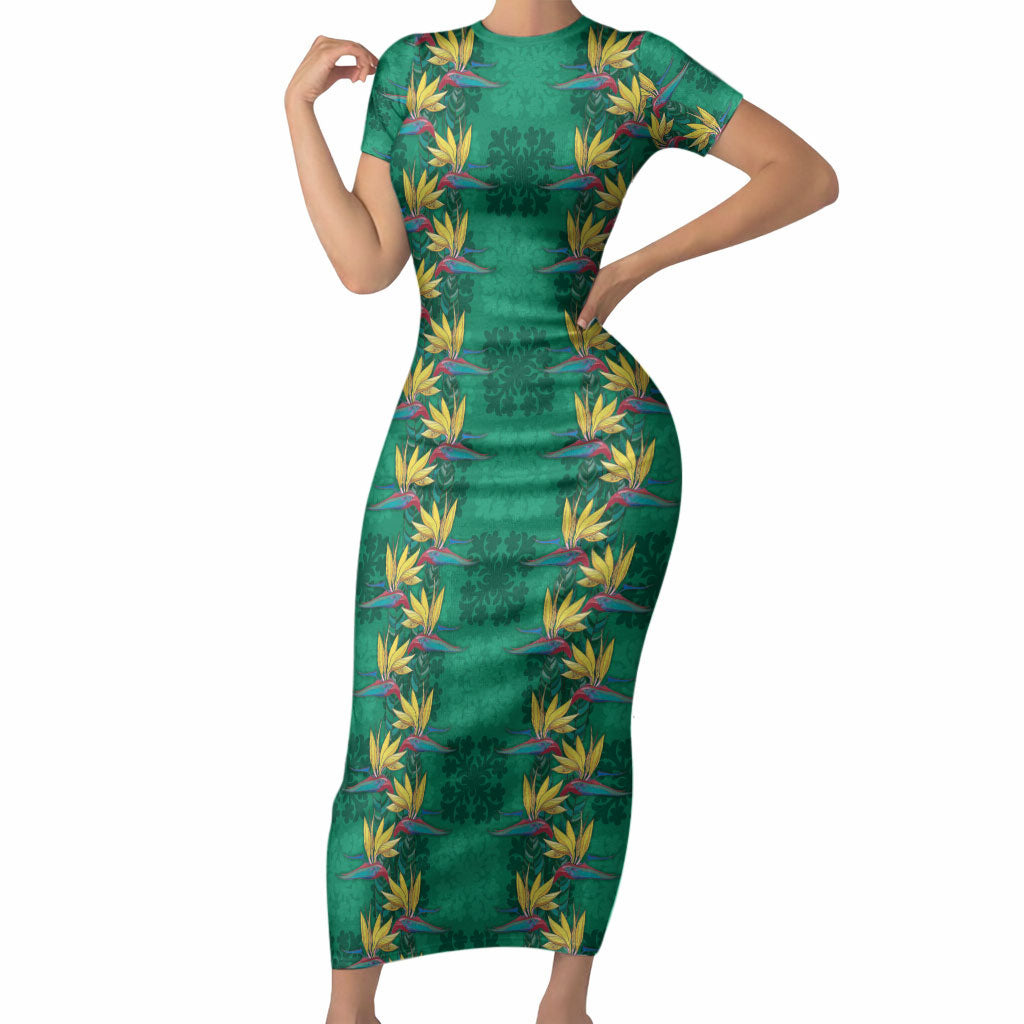 Hawaii Waikiki King Short Sleeve Bodycon Dress Green Quilt With Pua Manu