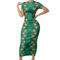 Hawaii Waikiki King Short Sleeve Bodycon Dress Green Quilt With Pua Manu