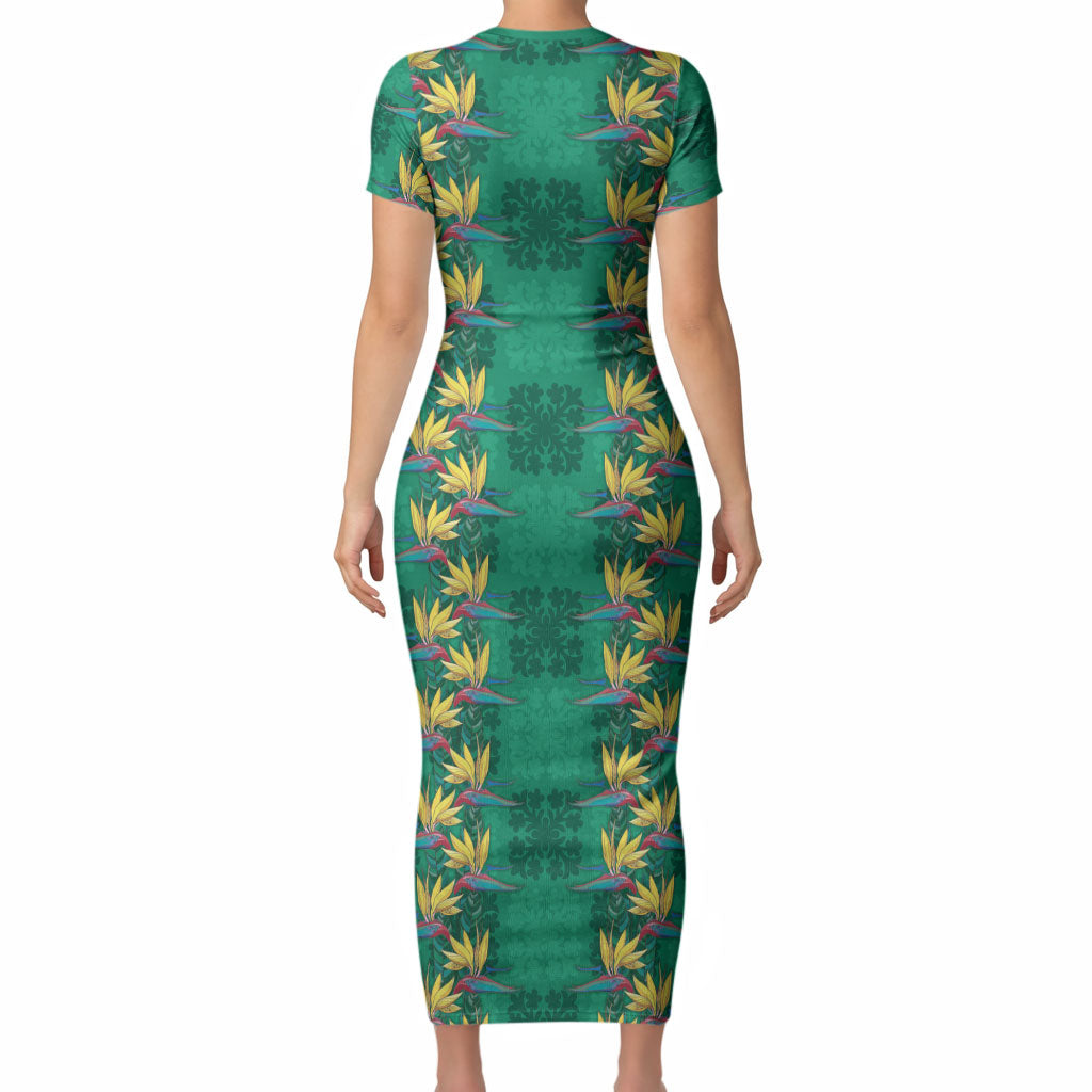 Hawaii Waikiki King Short Sleeve Bodycon Dress Green Quilt With Pua Manu