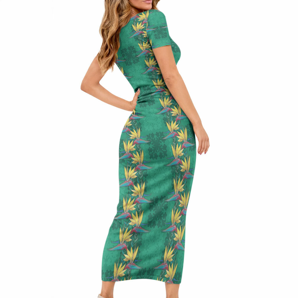 Hawaii Waikiki King Short Sleeve Bodycon Dress Green Quilt With Pua Manu