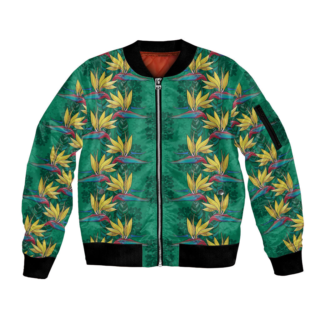 Hawaii Waikiki King Sleeve Zip Bomber Jacket Green Quilt With Pua Manu