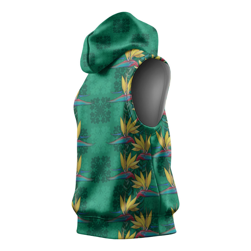 Hawaii Waikiki King Sleeveless Hoodie Green Quilt With Pua Manu
