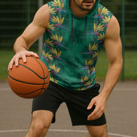 Hawaii Waikiki King Sleeveless Hoodie Green Quilt With Pua Manu