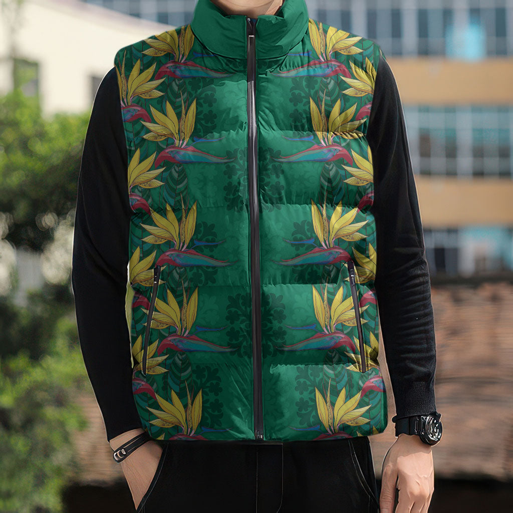Hawaii Waikiki King Sleeveless Puffer Jacket Green Quilt With Pua Manu