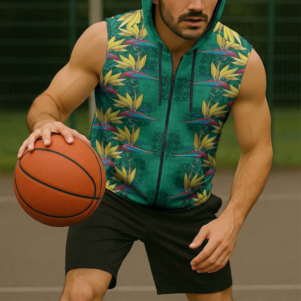 Hawaii Waikiki King Sleeveless Zip Hoodie Green Quilt With Pua Manu