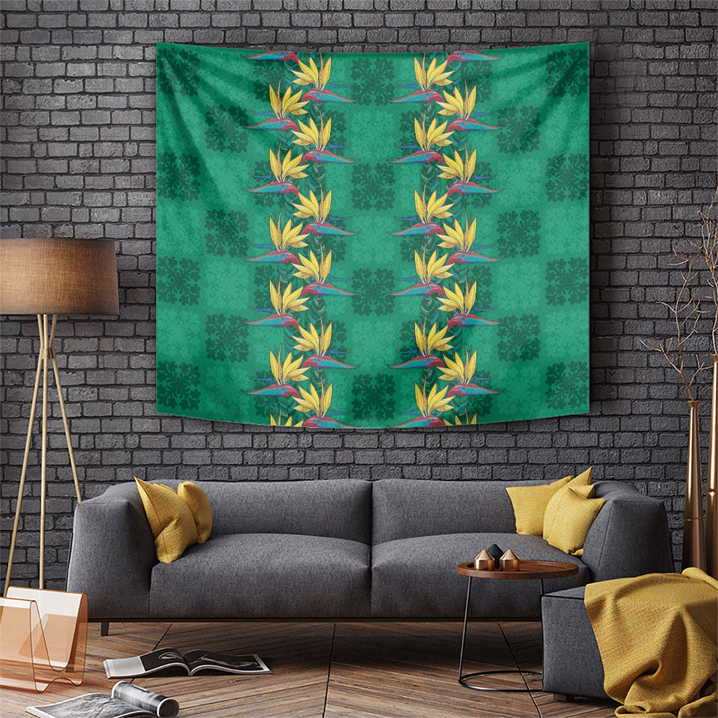 Hawaii Waikiki King Tapestry Green Quilt With Pua Manu