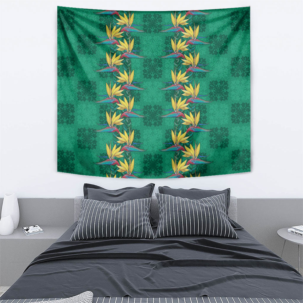 Hawaii Waikiki King Tapestry Green Quilt With Pua Manu