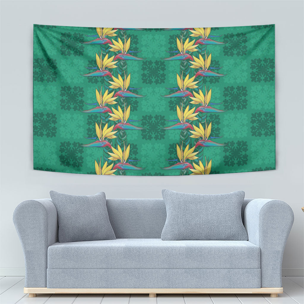 Hawaii Waikiki King Tapestry Green Quilt With Pua Manu