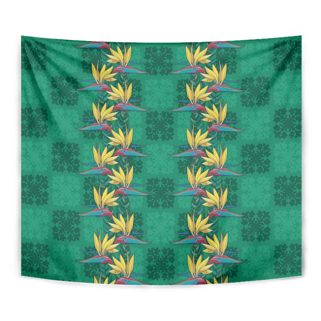 Hawaii Waikiki King Tapestry Green Quilt With Pua Manu