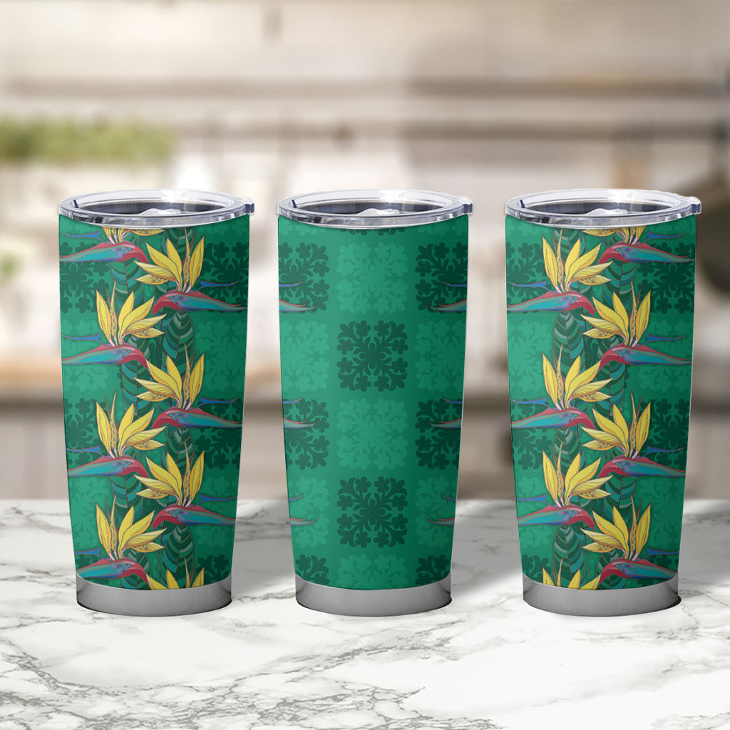 Hawaii Waikiki King Tumbler Cup Green Quilt With Pua Manu