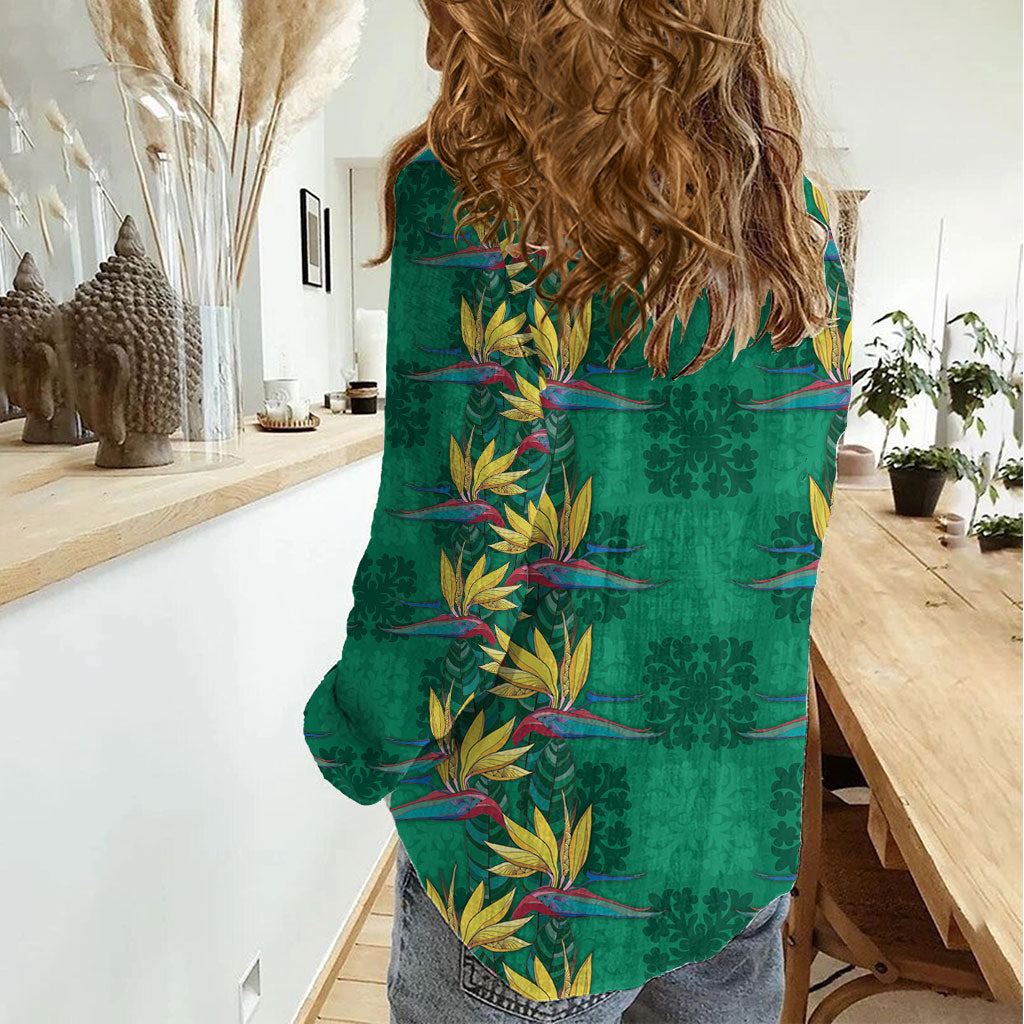 Hawaii Waikiki King Women Casual Shirt Green Quilt With Pua Manu