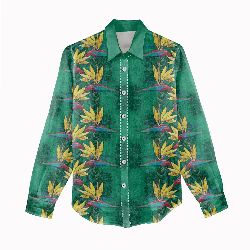 Hawaii Waikiki King Women Casual Shirt Green Quilt With Pua Manu