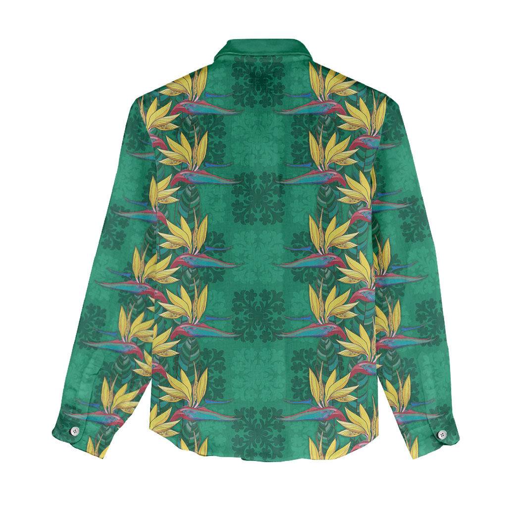Hawaii Waikiki King Women Casual Shirt Green Quilt With Pua Manu