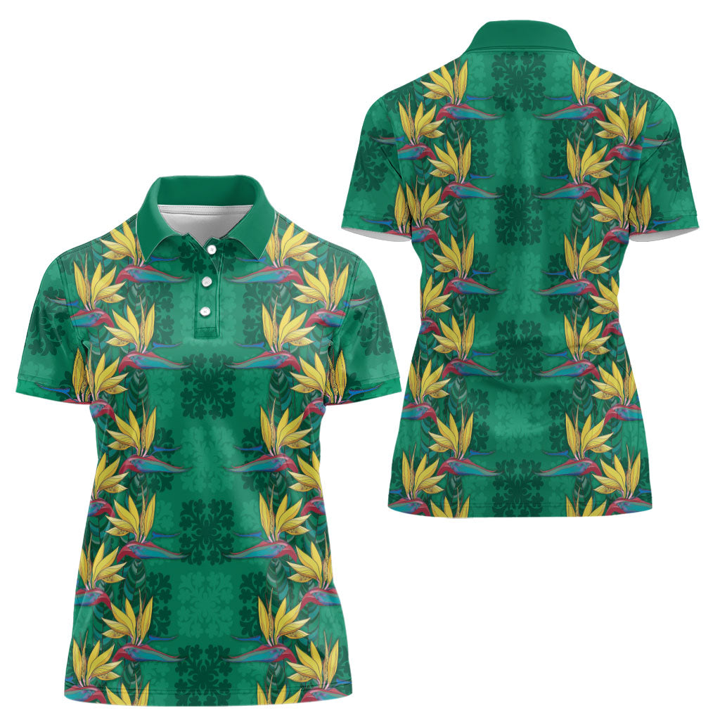 Hawaii Waikiki King Women Polo Shirt Green Quilt With Pua Manu