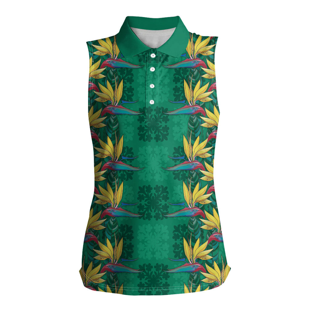 Hawaii Waikiki King Women Sleeveless Polo Shirt Green Quilt With Pua Manu