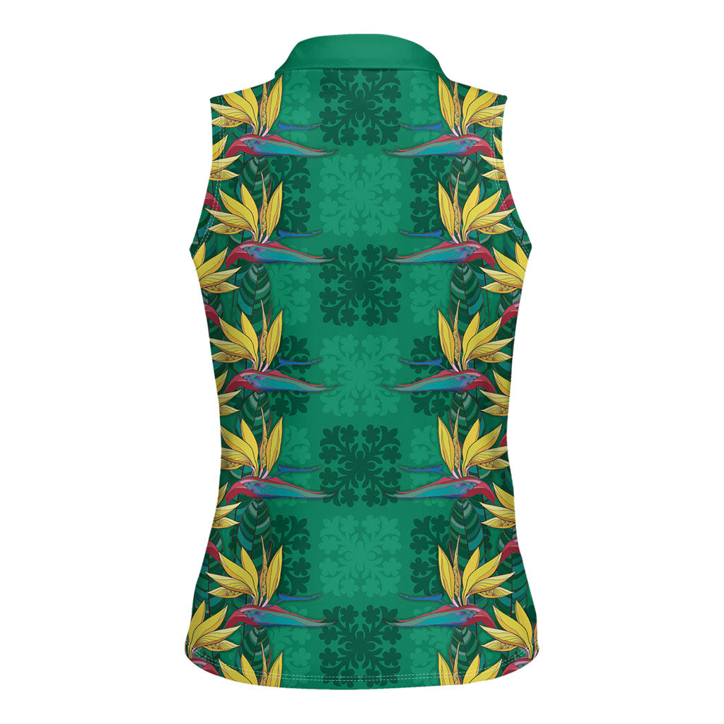 Hawaii Waikiki King Women Sleeveless Polo Shirt Green Quilt With Pua Manu