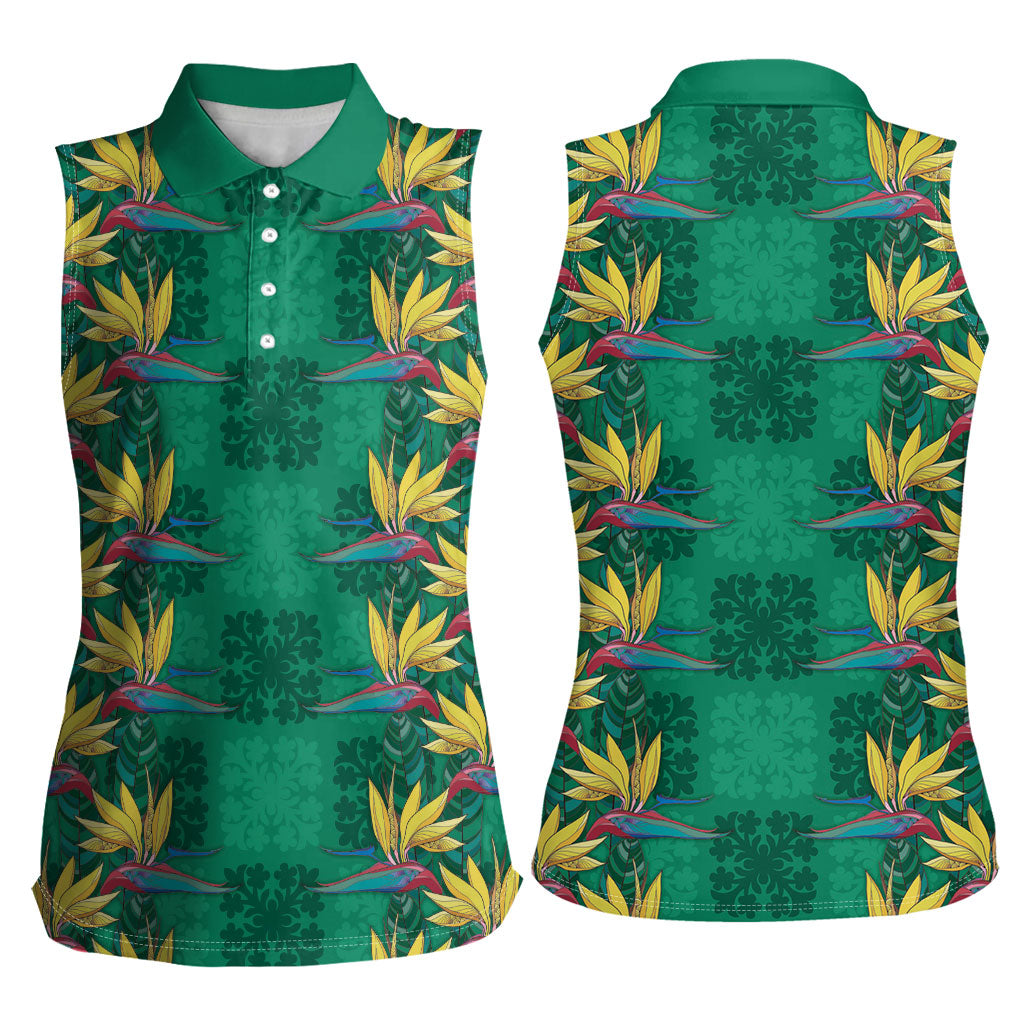Hawaii Waikiki King Women Sleeveless Polo Shirt Green Quilt With Pua Manu