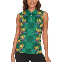 Hawaii Waikiki King Women Sleeveless Polo Shirt Green Quilt With Pua Manu