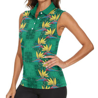 Hawaii Waikiki King Women Sleeveless Polo Shirt Green Quilt With Pua Manu