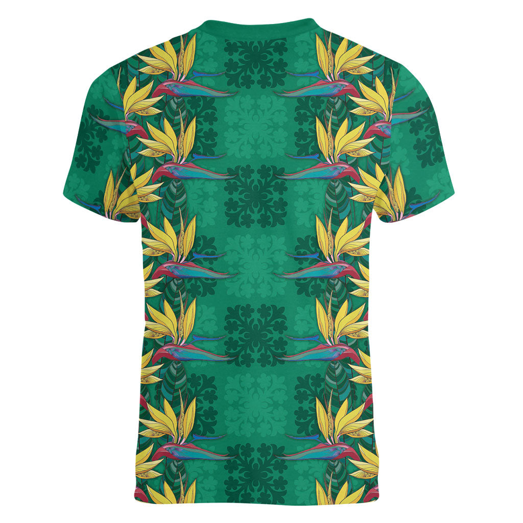 Hawaii Waikiki King Women V-Neck T-Shirt Green Quilt With Pua Manu