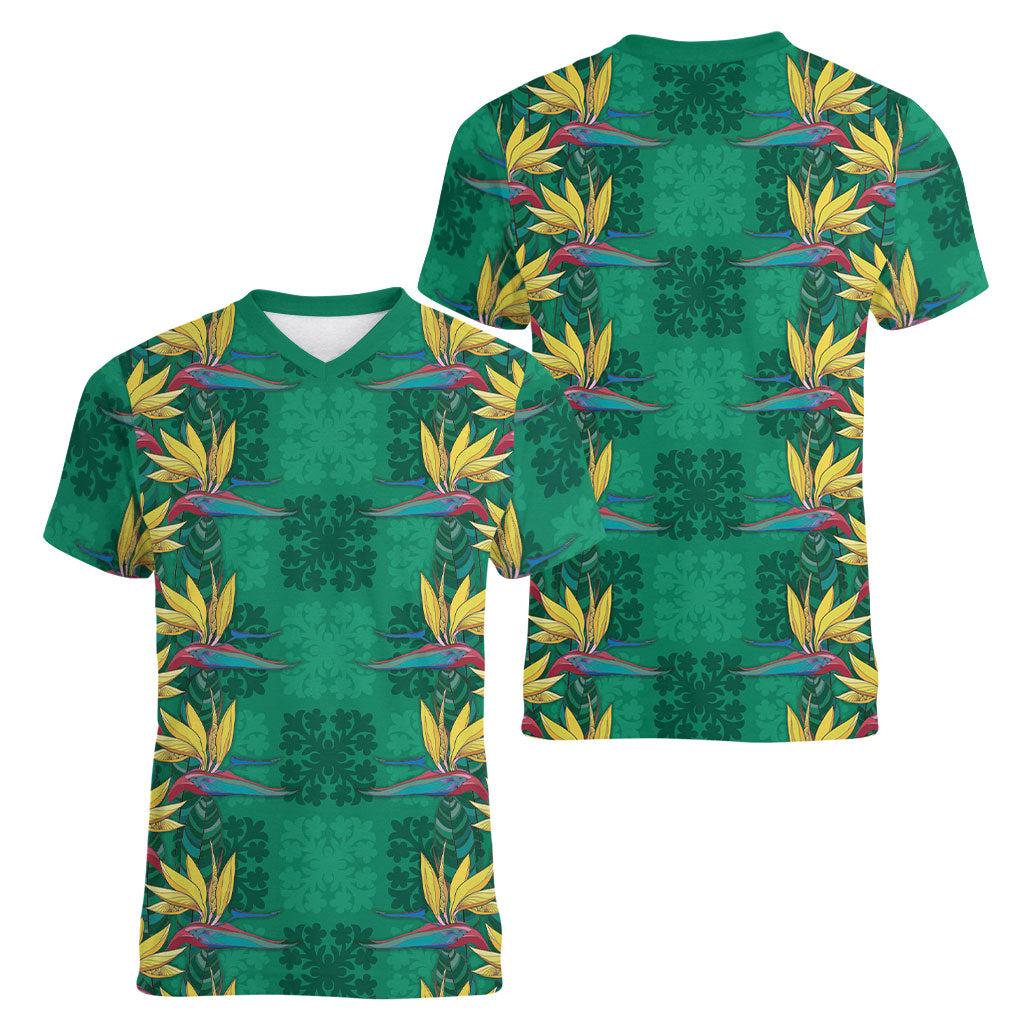 Hawaii Waikiki King Women V-Neck T-Shirt Green Quilt With Pua Manu