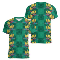 Hawaii Waikiki King Women V-Neck T-Shirt Green Quilt With Pua Manu