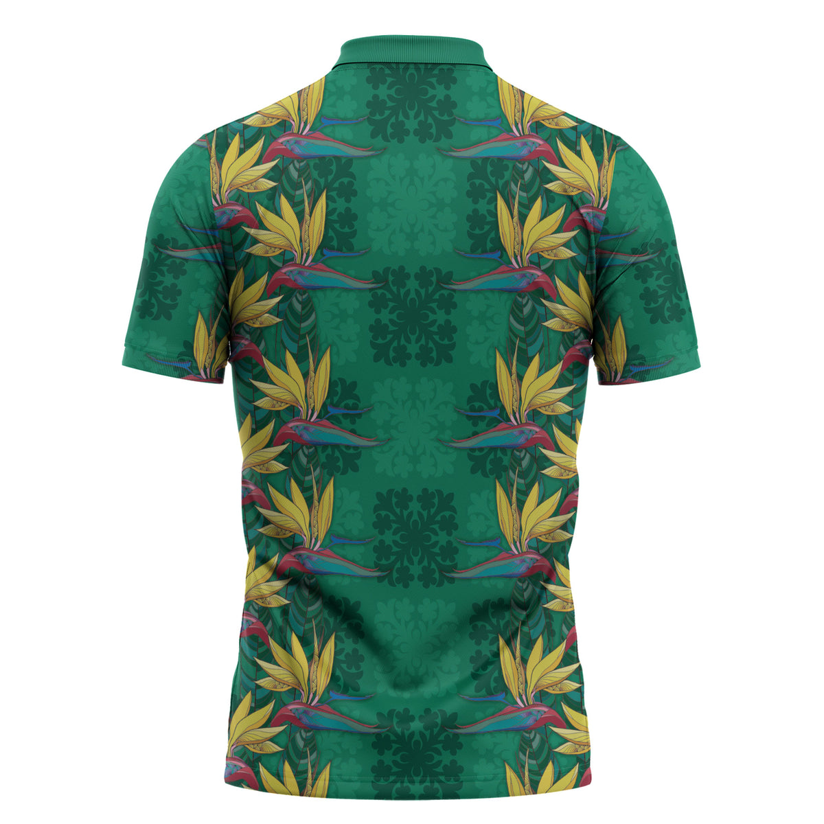 Hawaii Waikiki King Zipper Polo Shirt Green Quilt With Pua Manu