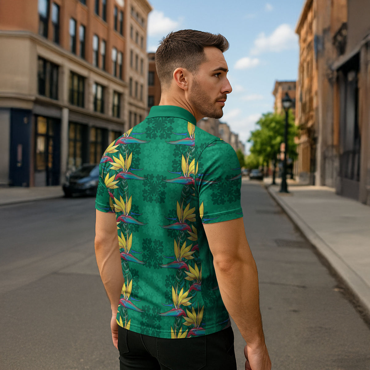 Hawaii Waikiki King Zipper Polo Shirt Green Quilt With Pua Manu