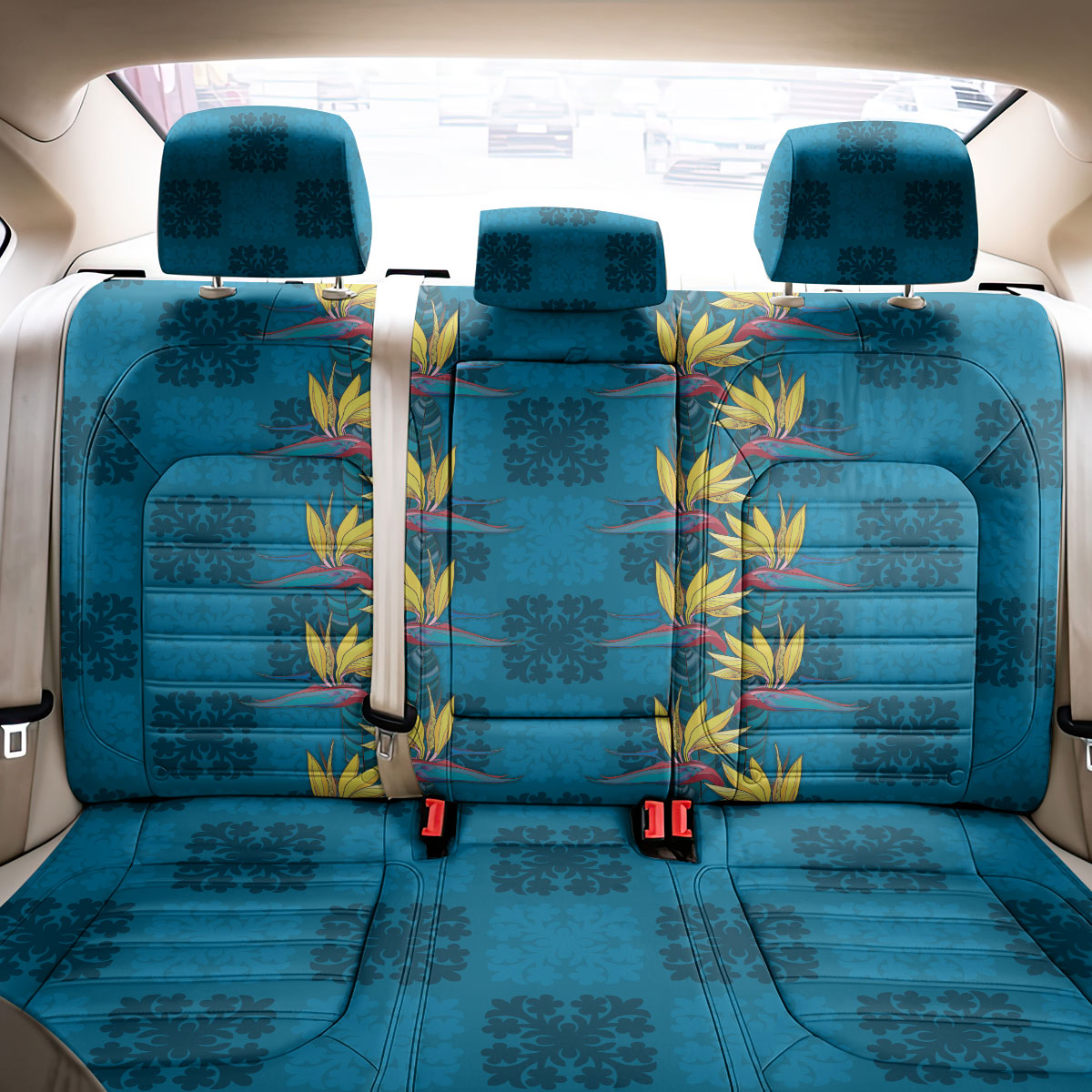 Hawaii Waikiki King Back Car Seat Cover Blue Quilt With Pua Manu