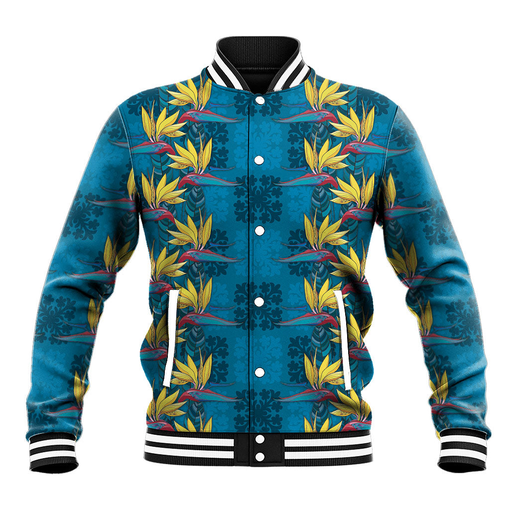 Hawaii Waikiki King Baseball Jacket Blue Quilt With Pua Manu