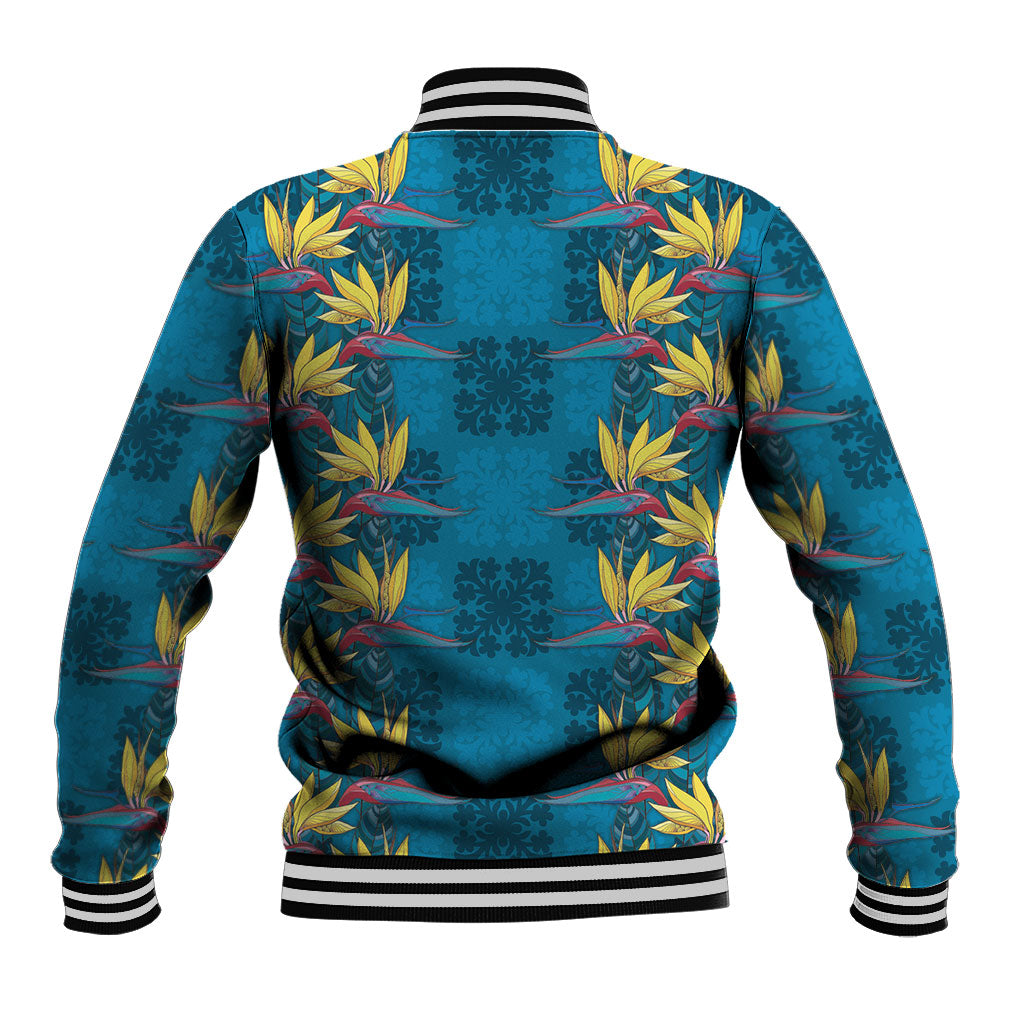 Hawaii Waikiki King Baseball Jacket Blue Quilt With Pua Manu