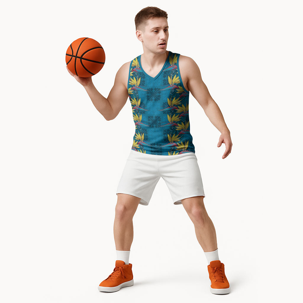 Hawaii Waikiki King Basketball Jersey Blue Quilt With Pua Manu