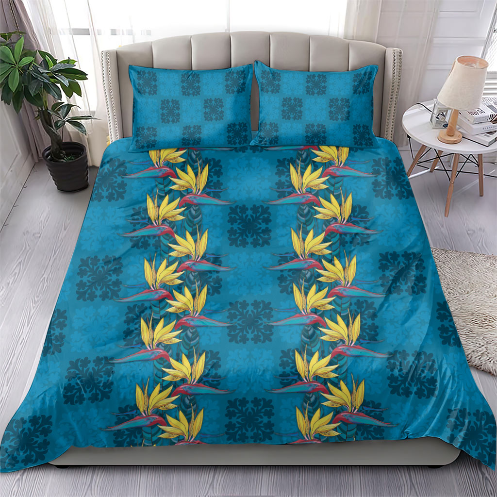 Hawaii Waikiki King Bedding Set Blue Quilt With Pua Manu