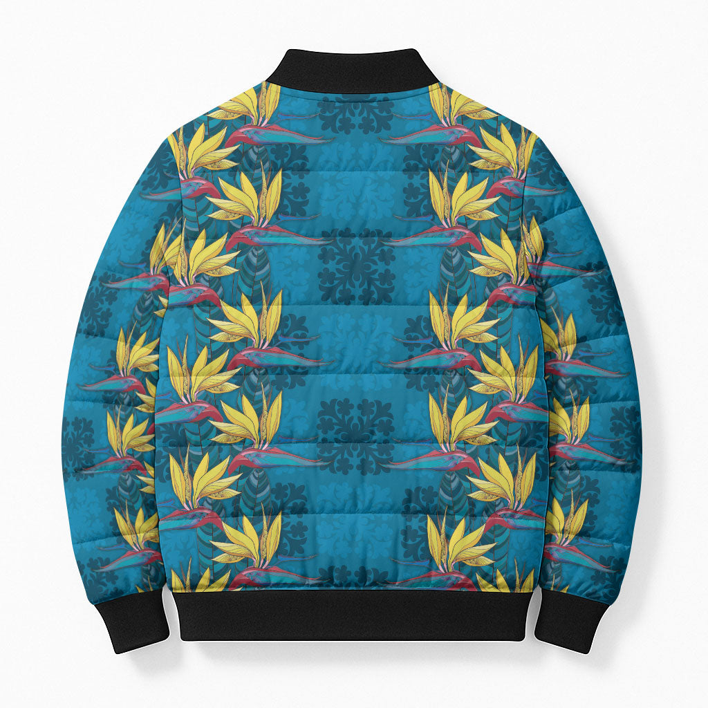 Hawaii Waikiki King Bomber Puffer Jacket Blue Quilt With Pua Manu