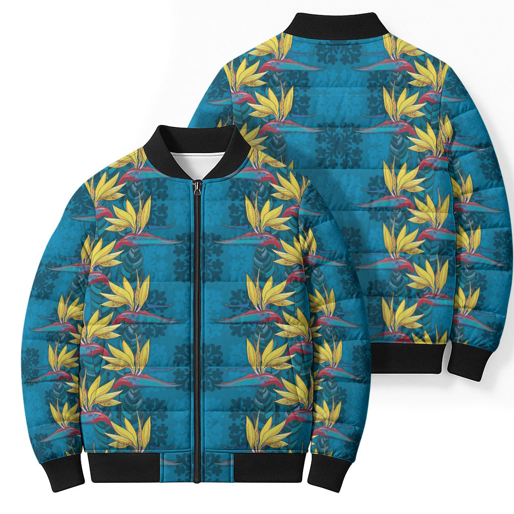 Hawaii Waikiki King Bomber Puffer Jacket Blue Quilt With Pua Manu
