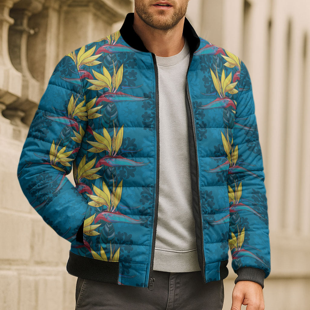 Hawaii Waikiki King Bomber Puffer Jacket Blue Quilt With Pua Manu