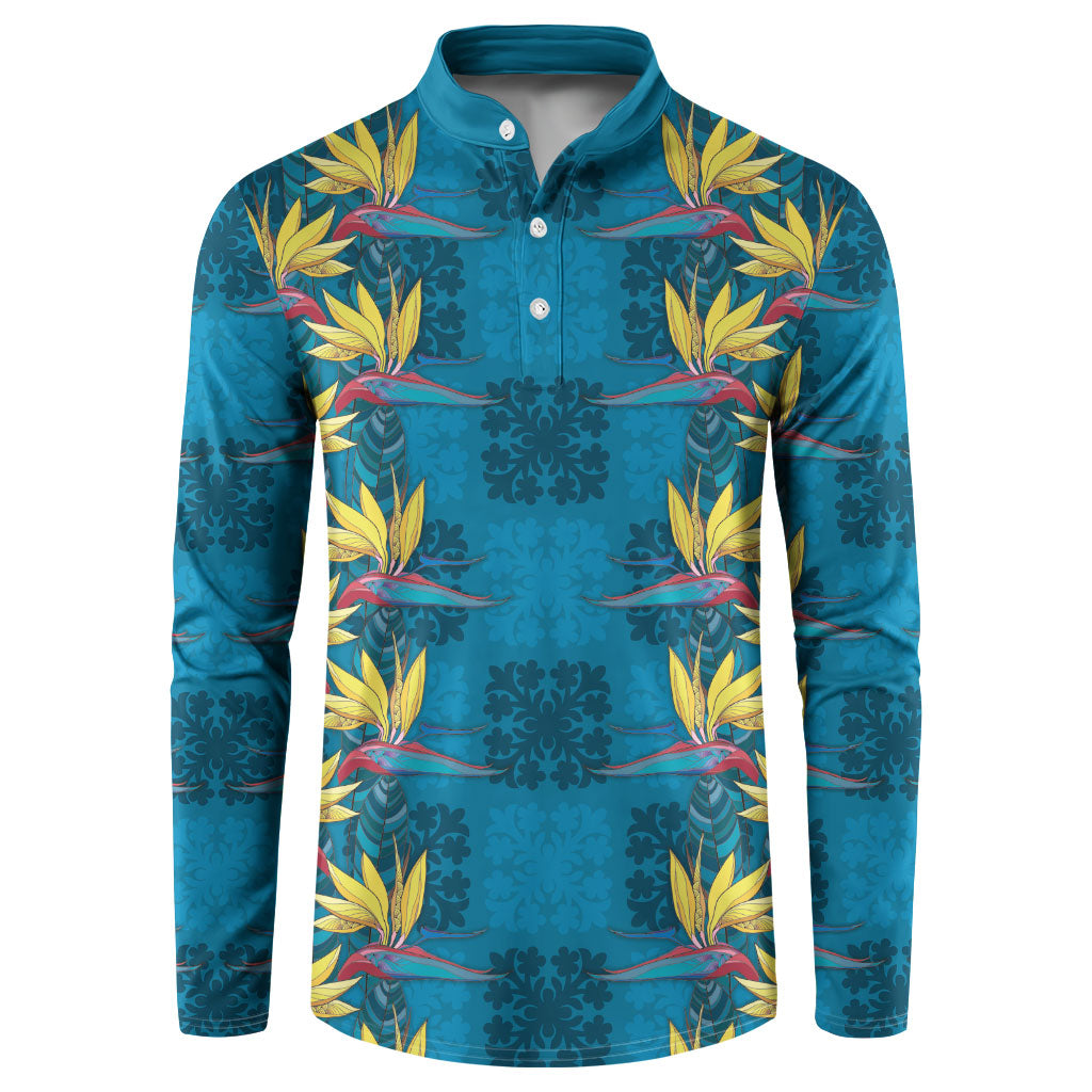 Hawaii Waikiki King Button Sweatshirt Blue Quilt With Pua Manu