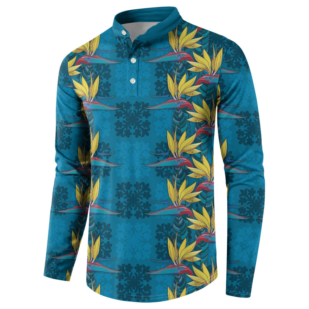 Hawaii Waikiki King Button Sweatshirt Blue Quilt With Pua Manu