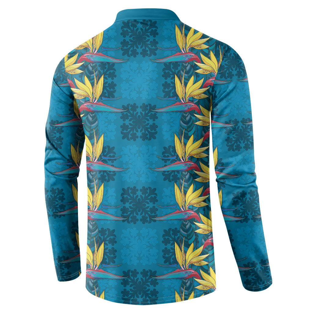 Hawaii Waikiki King Button Sweatshirt Blue Quilt With Pua Manu