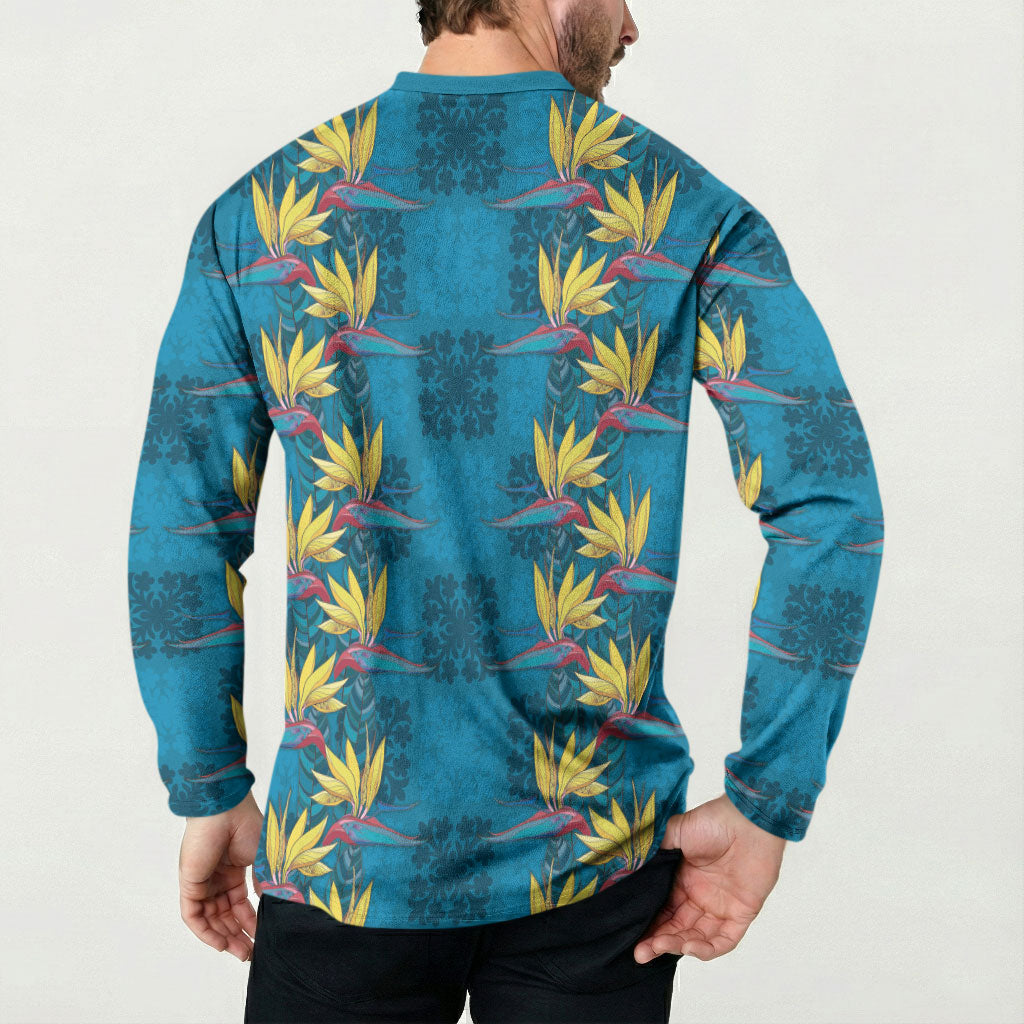 Hawaii Waikiki King Button Sweatshirt Blue Quilt With Pua Manu